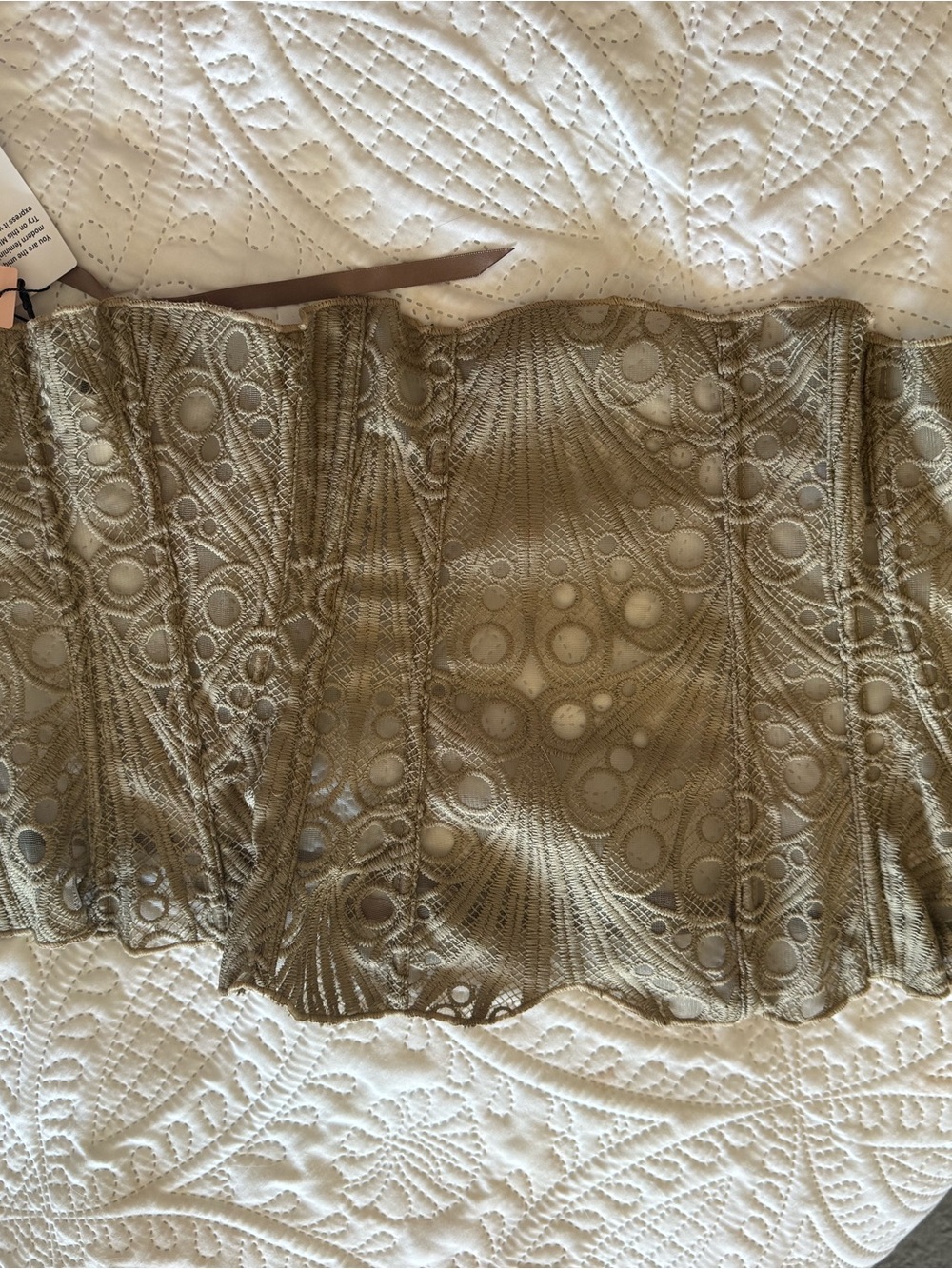 Scalloped Tan Strapless Crochet Lace Crop Top - Picture 3 of 5